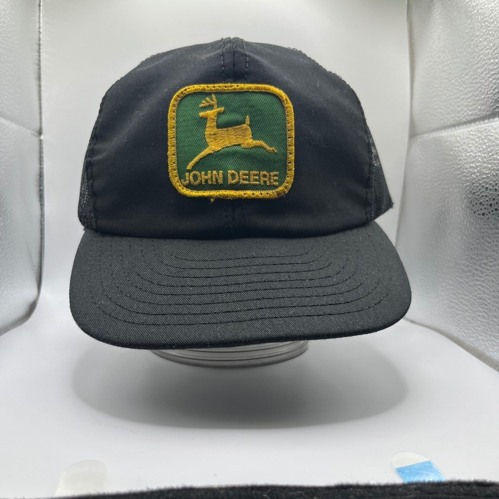 John Deere Trucker Hat Mens OSFA Black Vintage Mesh Snapback Made in USA Patch